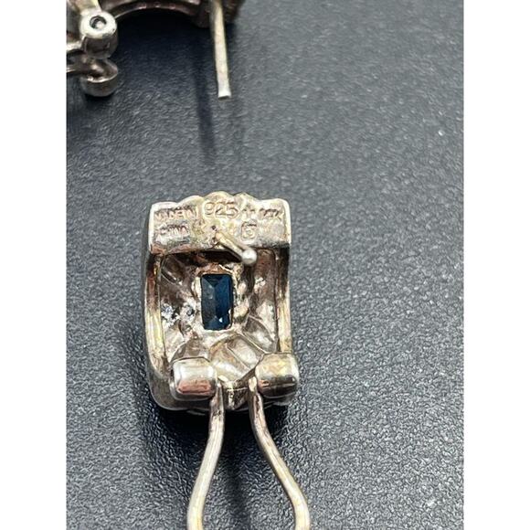 Signed 925 Sterling Silver 14k Yellow Gold Blue Topaz Omega Bali Earrings - Picture 9 of 13